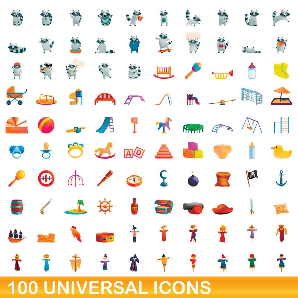 100 universal icons set, cartoon style vector