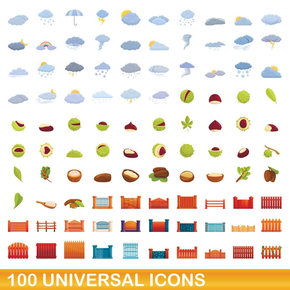 100 universal icons set, cartoon style vector