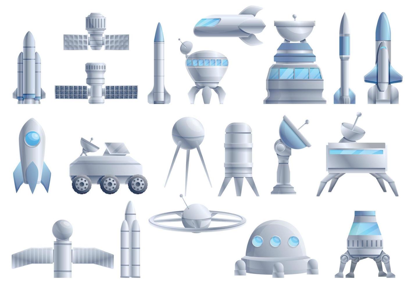 Space station icons set, cartoon style vector