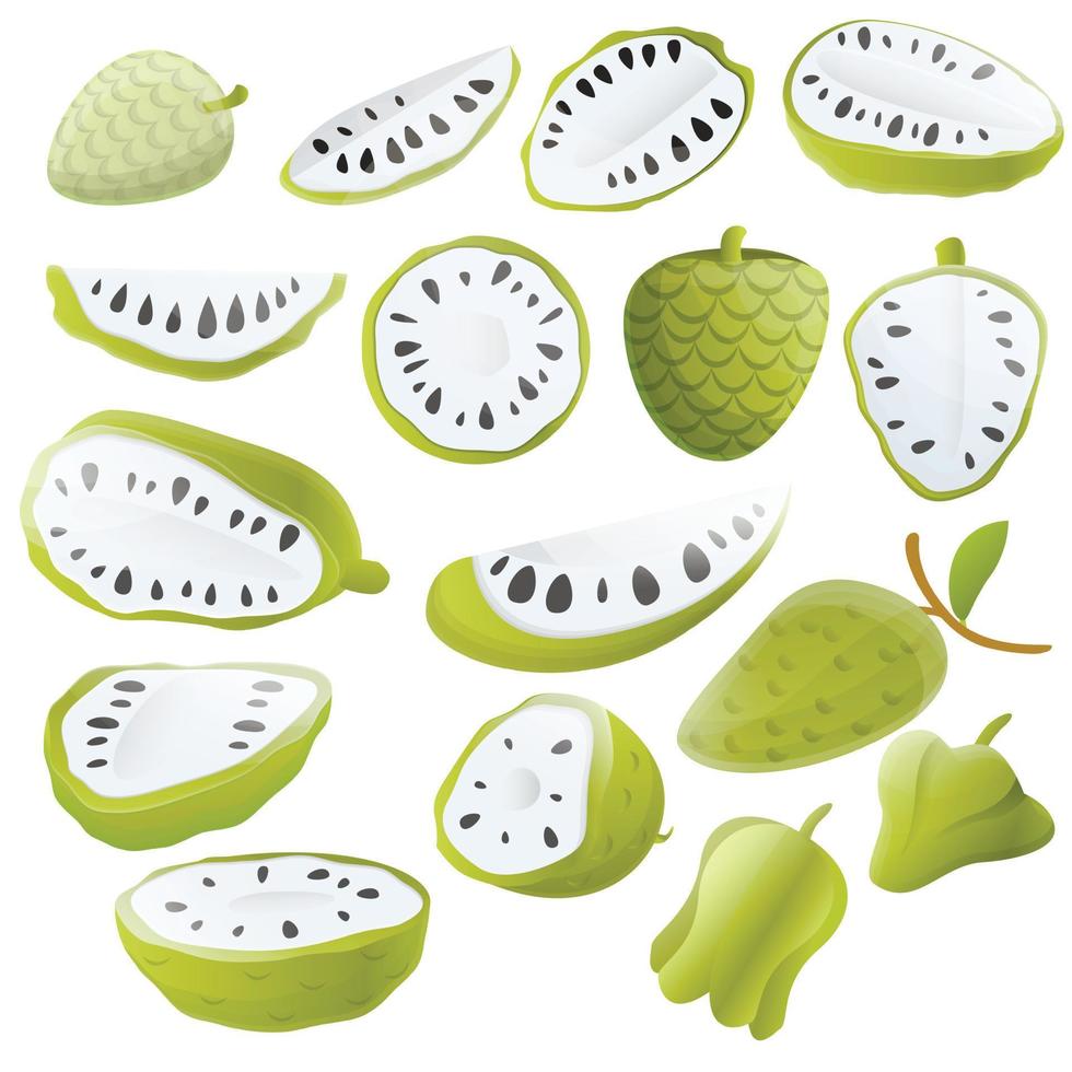 Soursop icons set, cartoon style vector