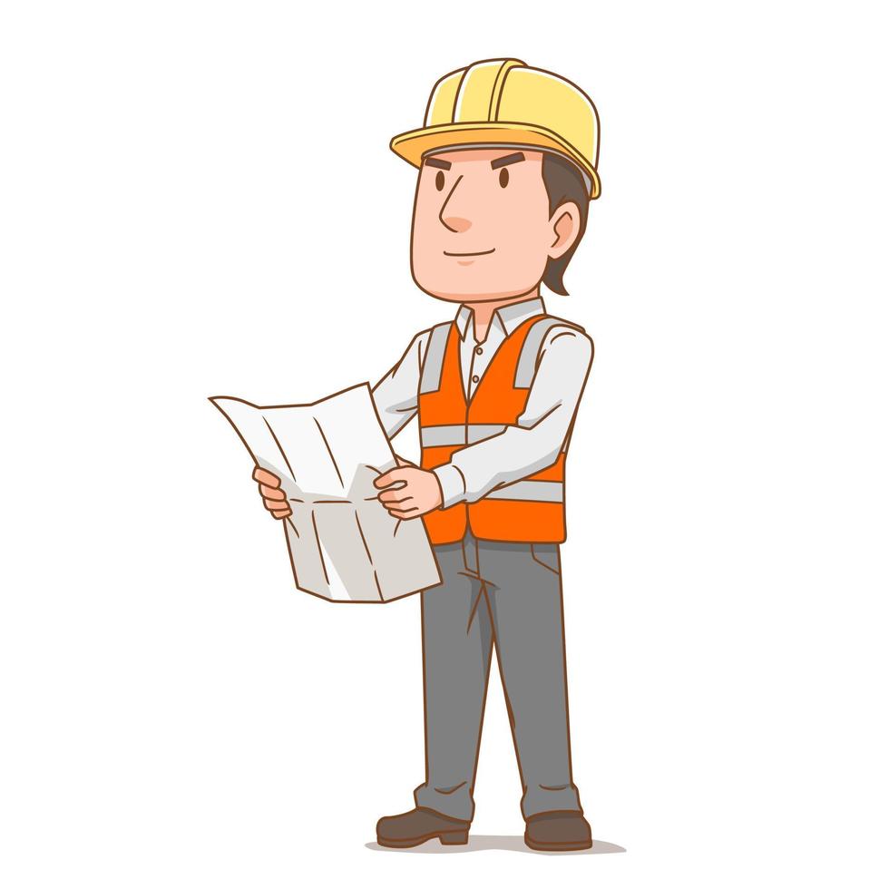 personaje de dibujos animados del hombre ingeniero que sostiene el papel del plan. vector