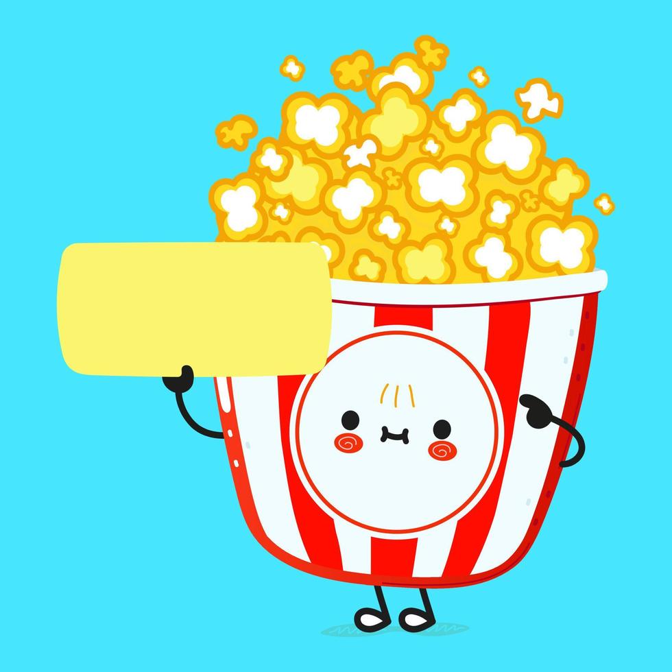 Cute funny popcorn poster character. Vector hand drawn cartoon kawaii character illustration. Isolated blue background. Popcorn poster