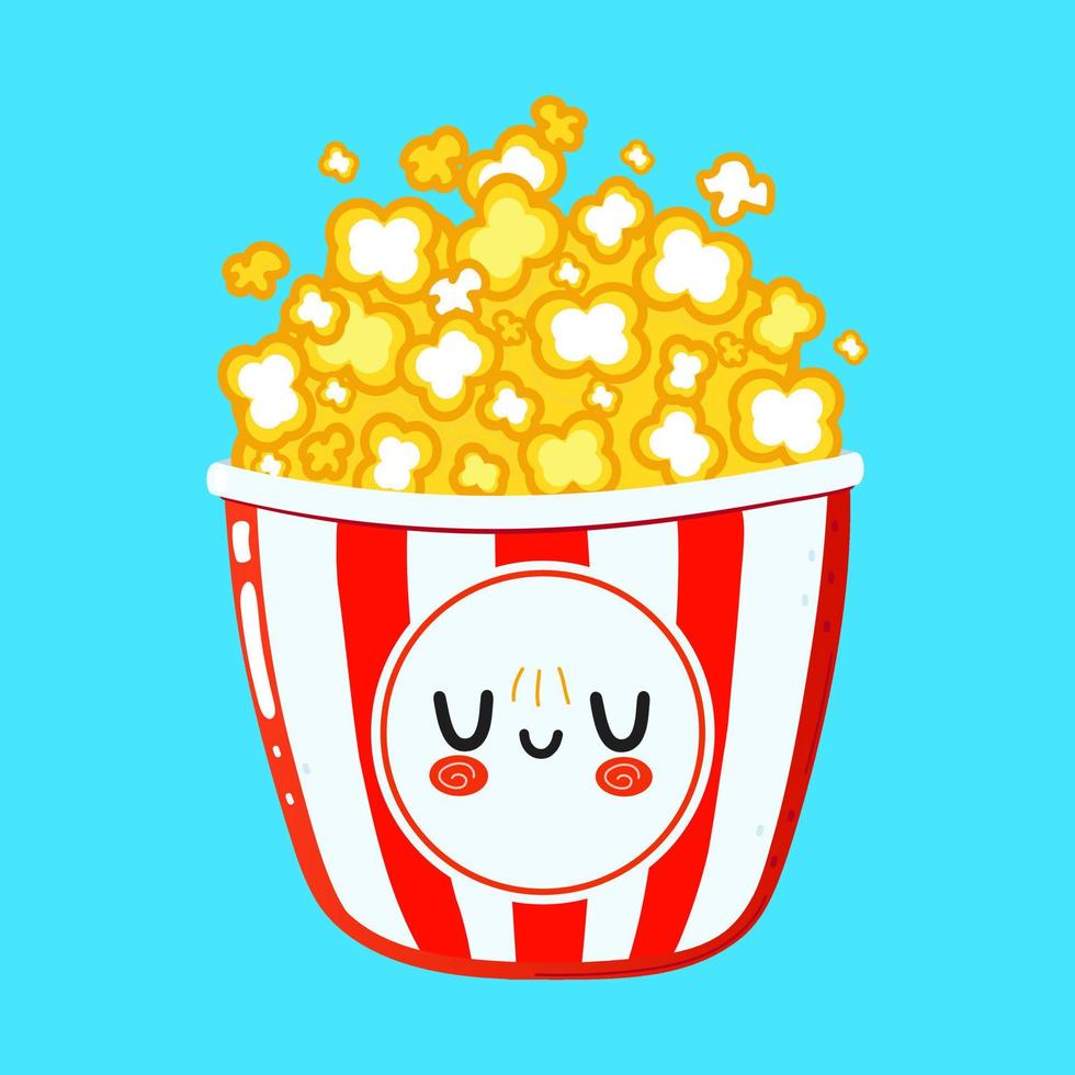 Cute funny popcorn character. Vector hand drawn cartoon kawaii character illustration icon. Isolated on blue background. Popcorn character concept