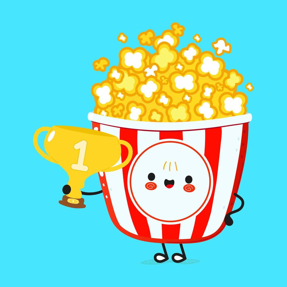 Cute funny popcorn hold gold trophy cup. Vector hand drawn cartoon kawaii character illustration icon. Isolated on blue background. Popcorn with winner trophy cup