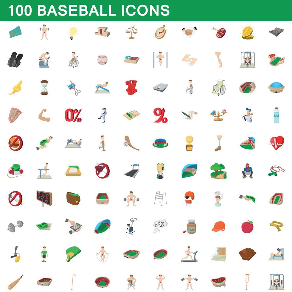 100 iconos de béisbol, estilo de dibujos animados vector