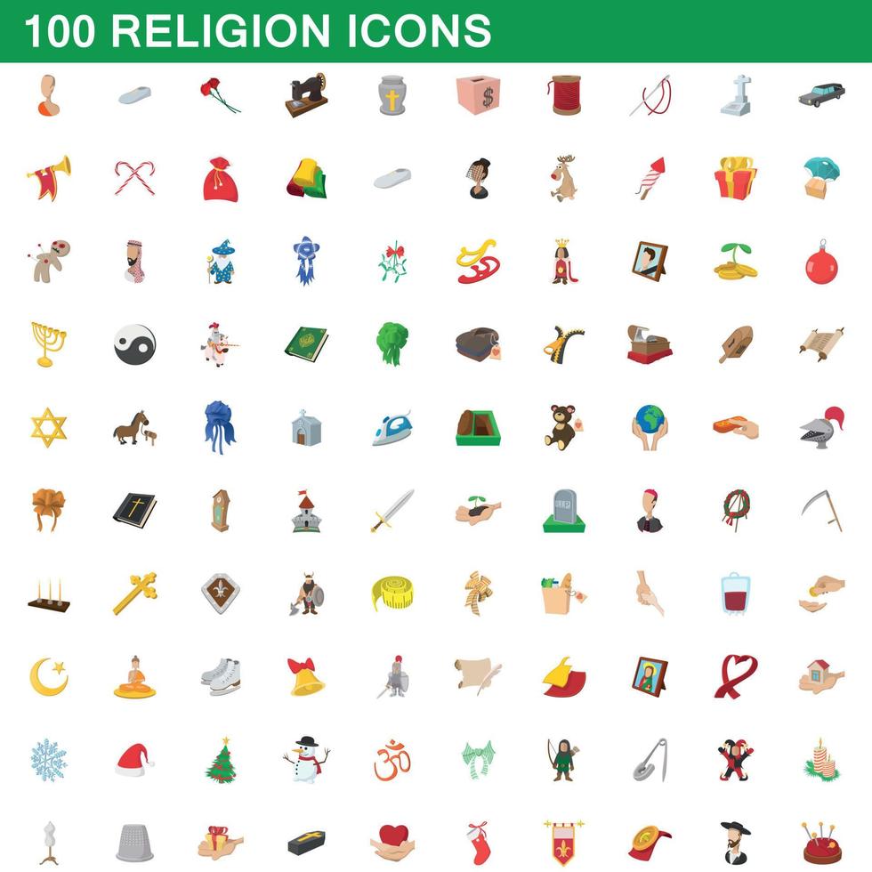 100 religion icons set, cartoon style vector