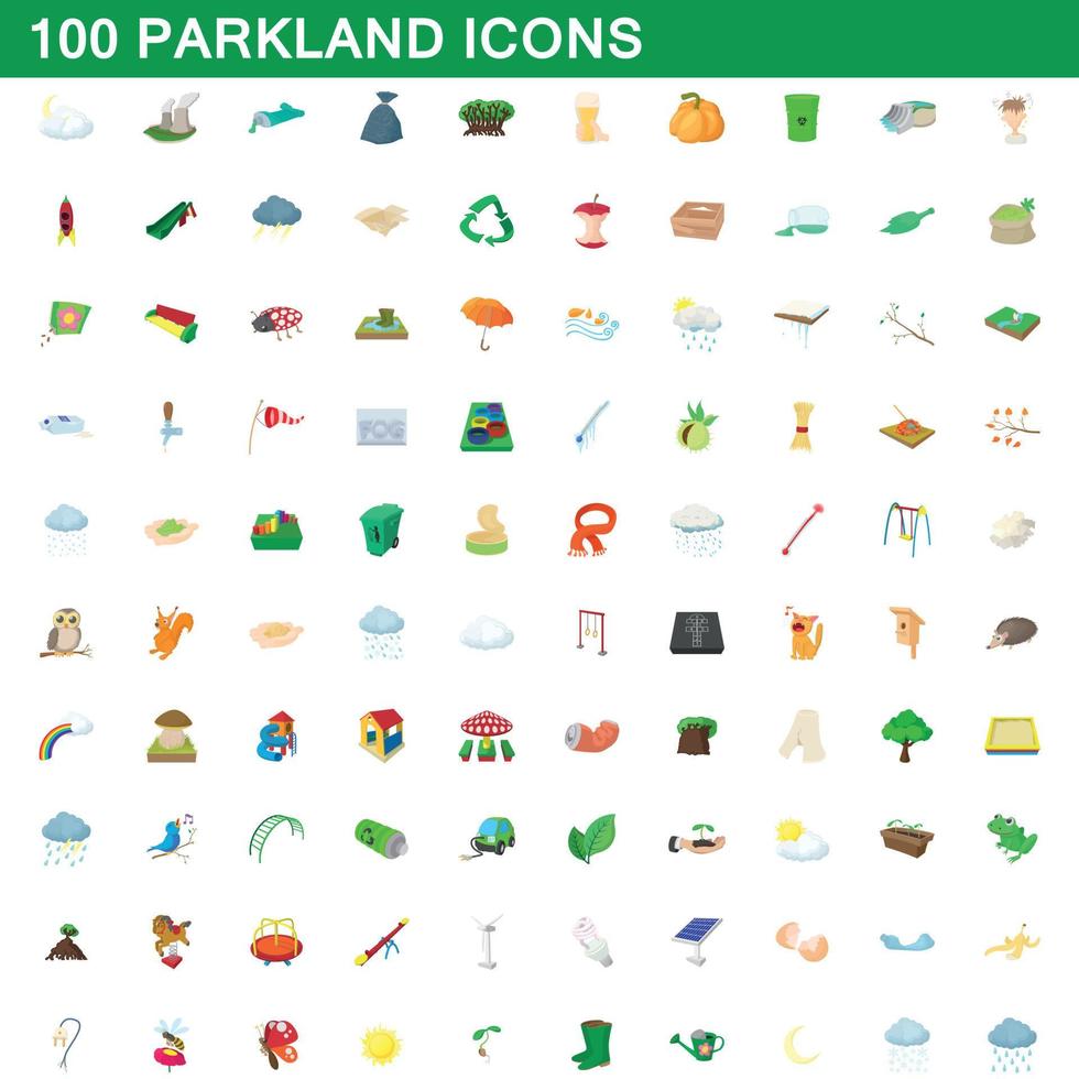 100 iconos de zonas verdes, estilo de dibujos animados vector