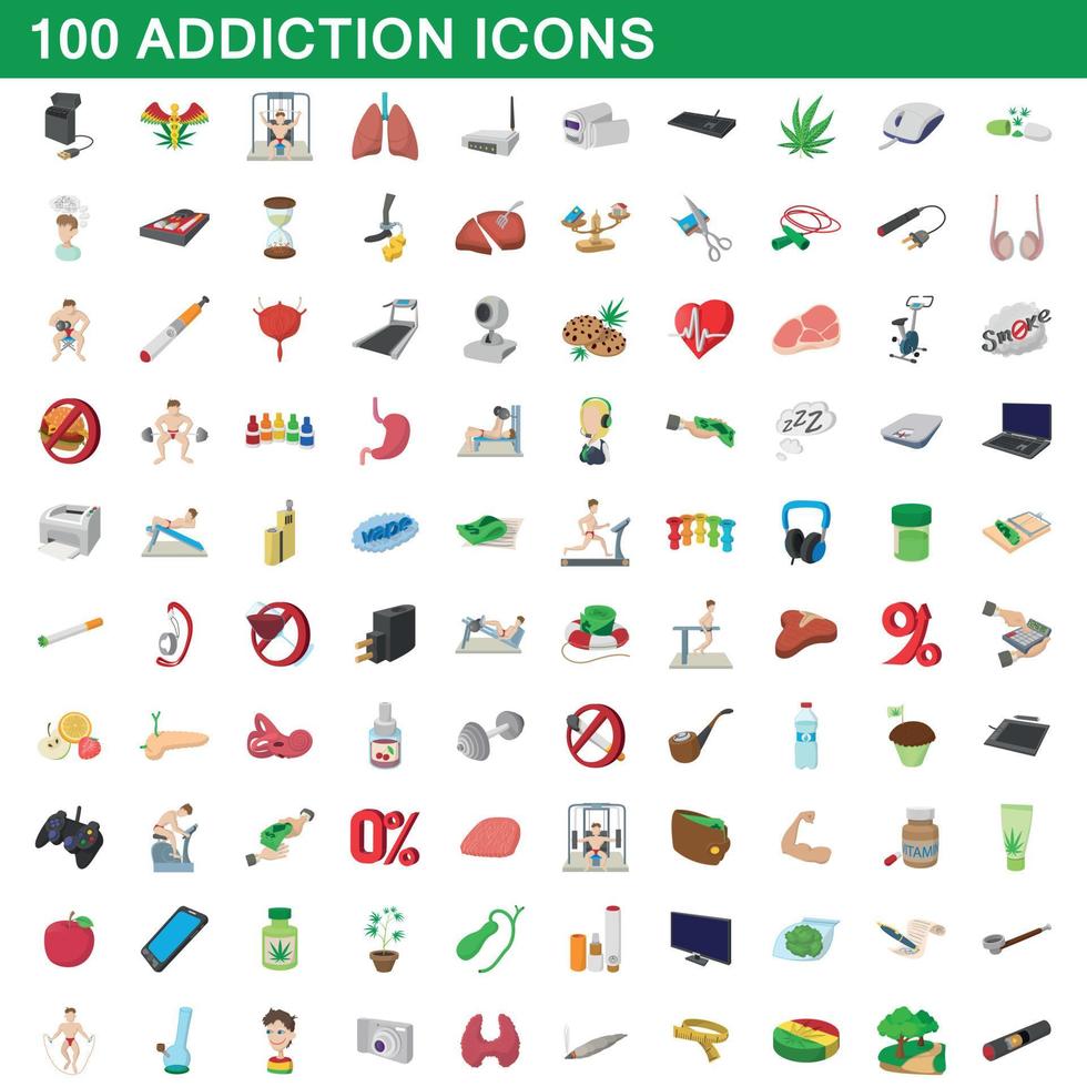 100 addiction icons set, cartoon style vector