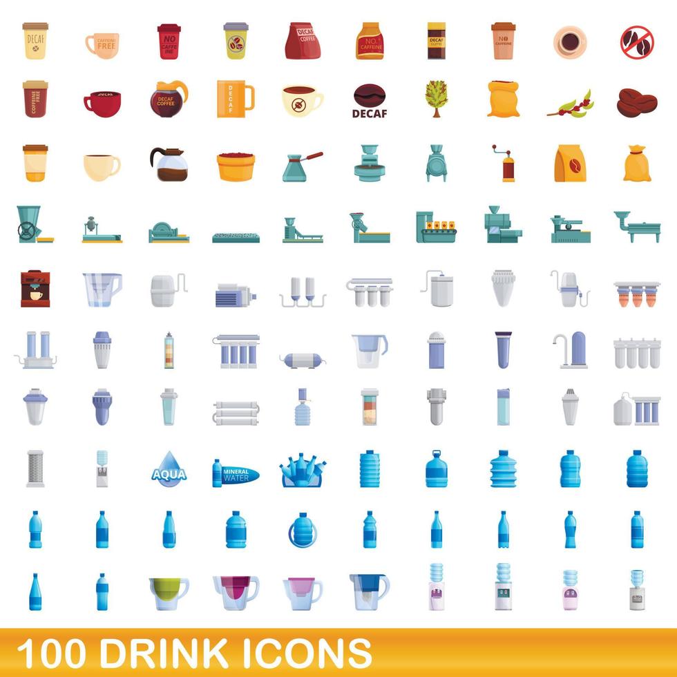 100 drink icons set, cartoon style vector