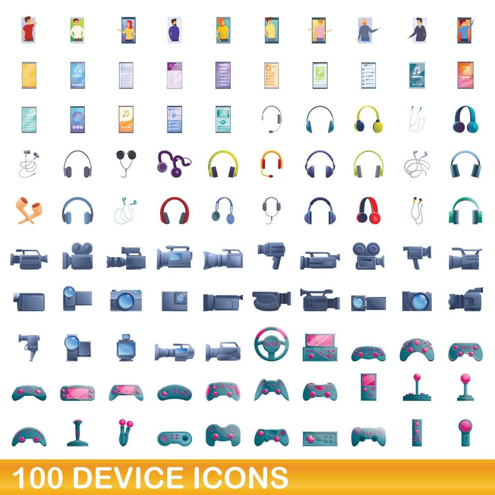 100 iconos de dispositivo, estilo de dibujos animados vector