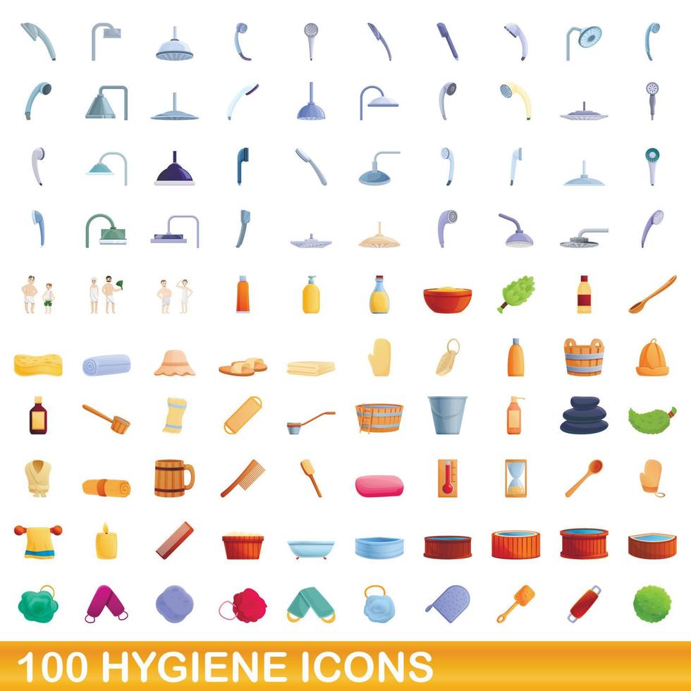 100 iconos de higiene, estilo de dibujos animados vector