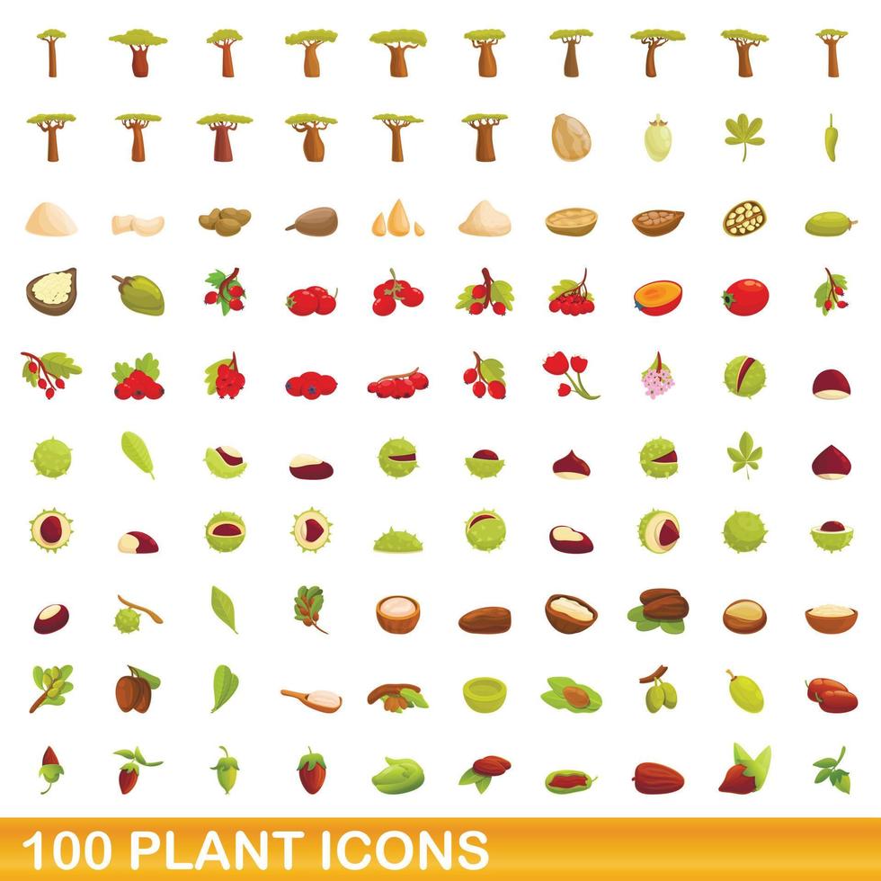 100 plant icons set, cartoon style vector