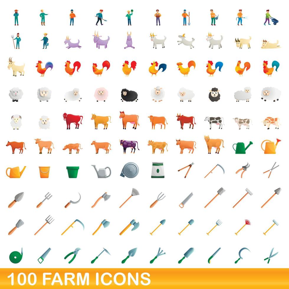 100 farm icons set, cartoon style vector