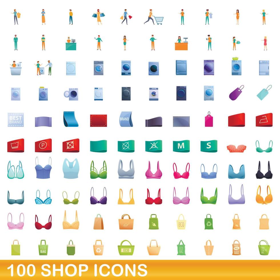 100 tienda, conjunto de iconos de estilo de dibujos animados vector