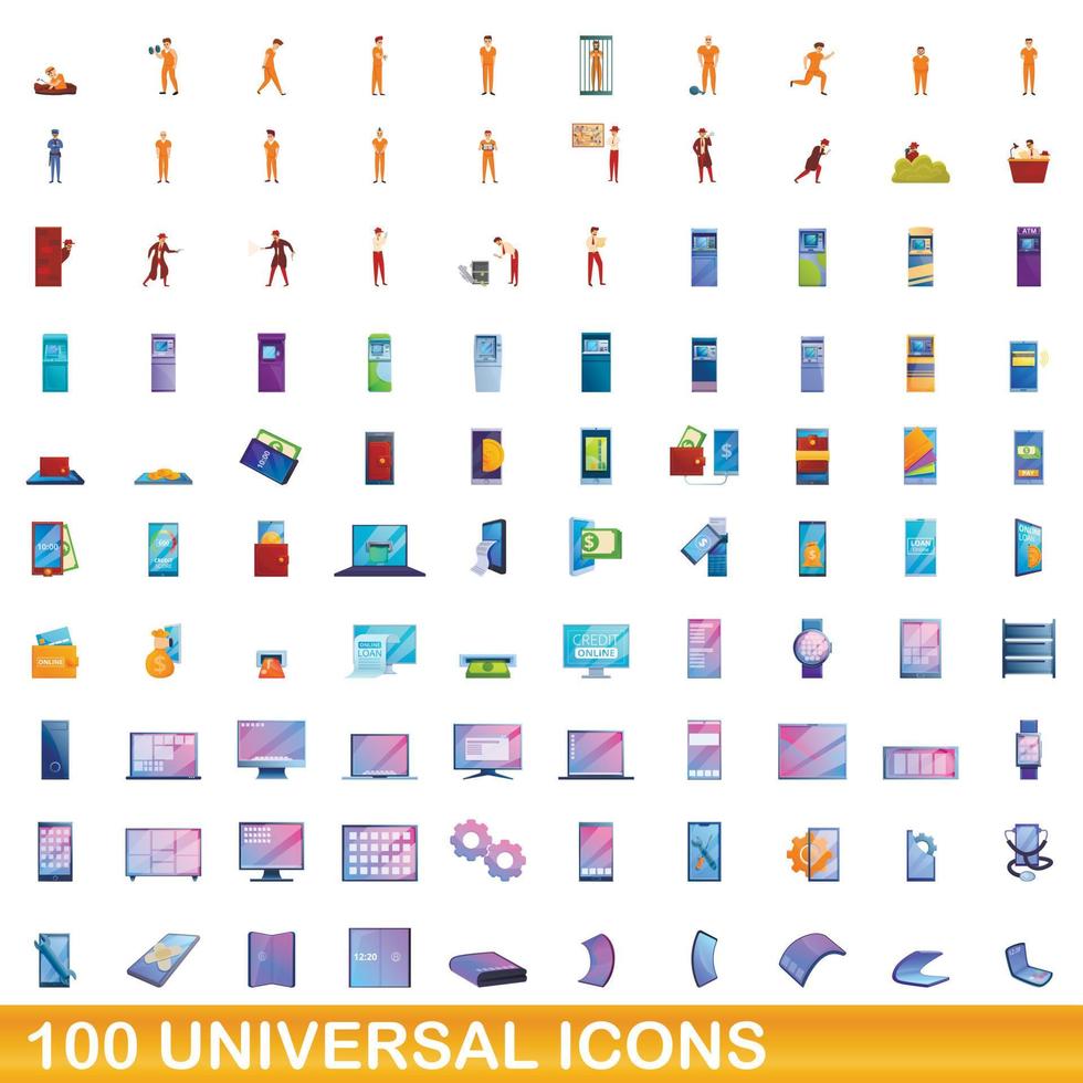 100 universal icons set, cartoon style vector