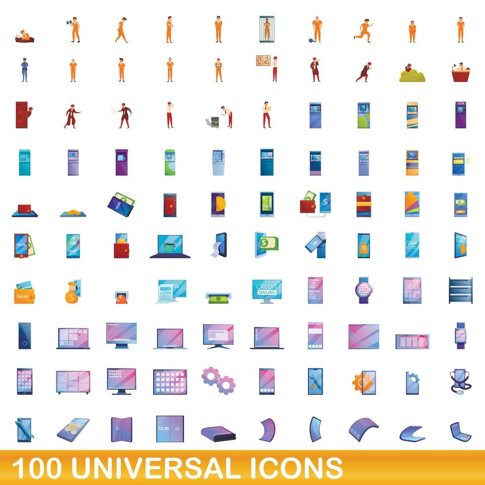 100 iconos universales, estilo de dibujos animados vector