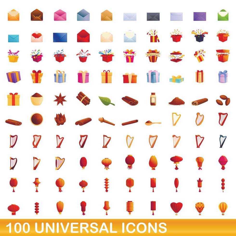 100 universal icons set, cartoon style vector