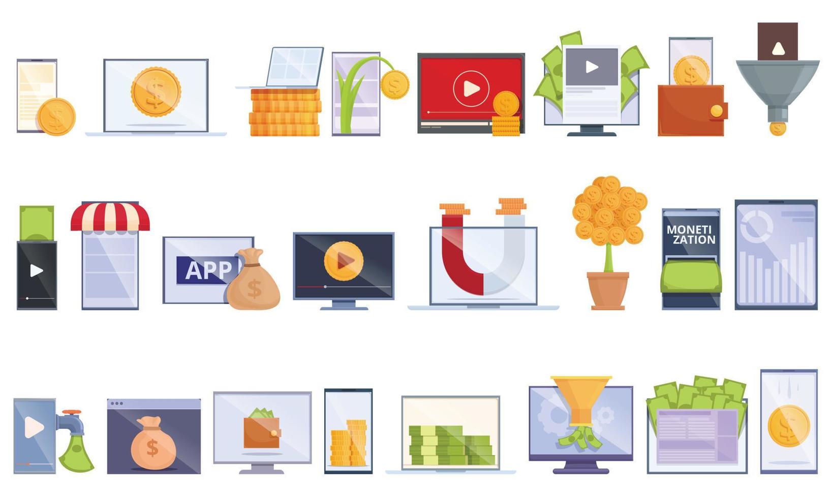 Monetization icons set cartoon vector. Website benefit vector