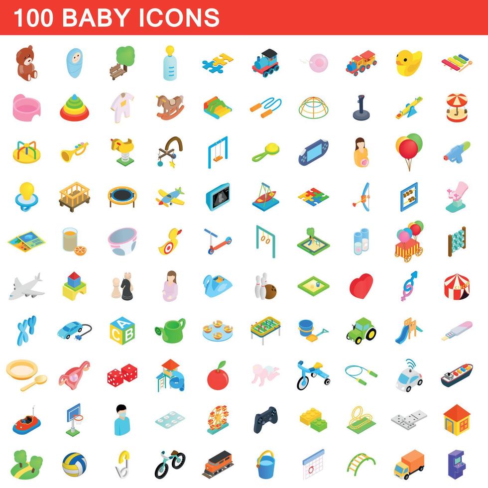 100 baby icons set, isometric 3d style vector