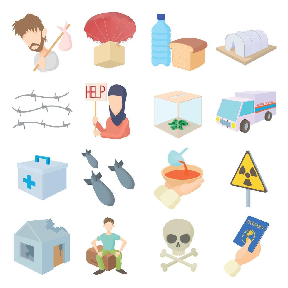 Refugees icons set, cartoon style vector