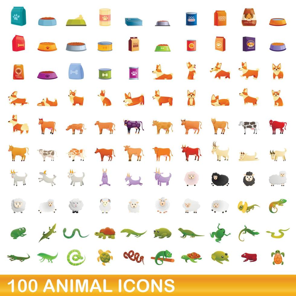 100 animal icons set, cartoon style vector