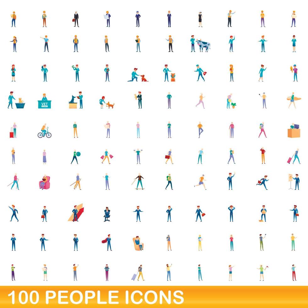 100 people icons set, cartoon style vector