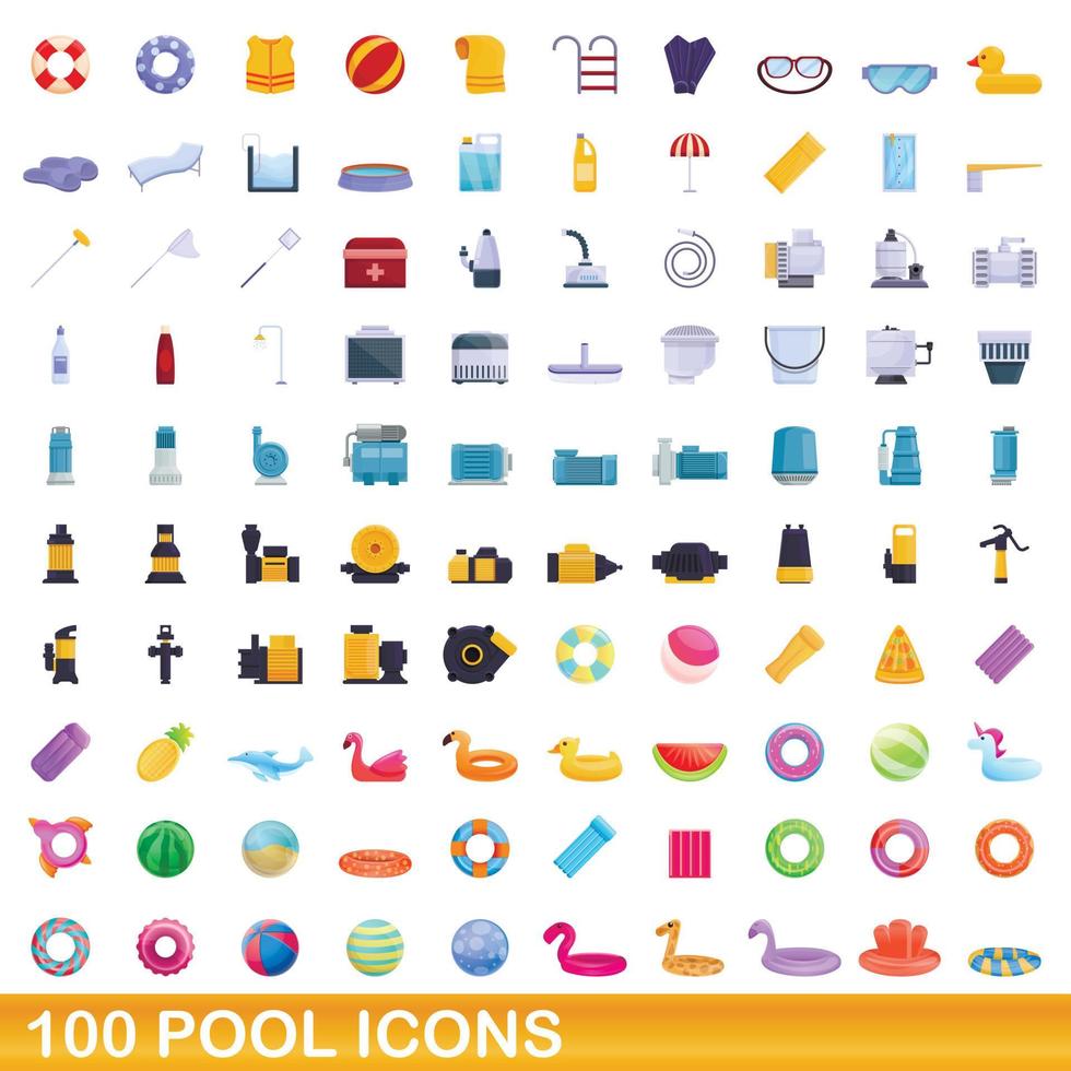 100 pool icons set, cartoon style vector