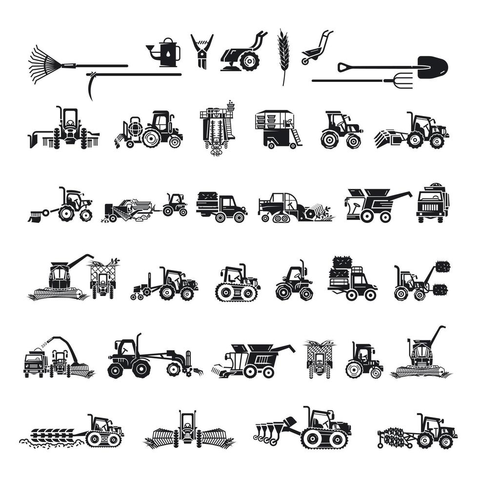 Farming equipment icons set, simple style vector