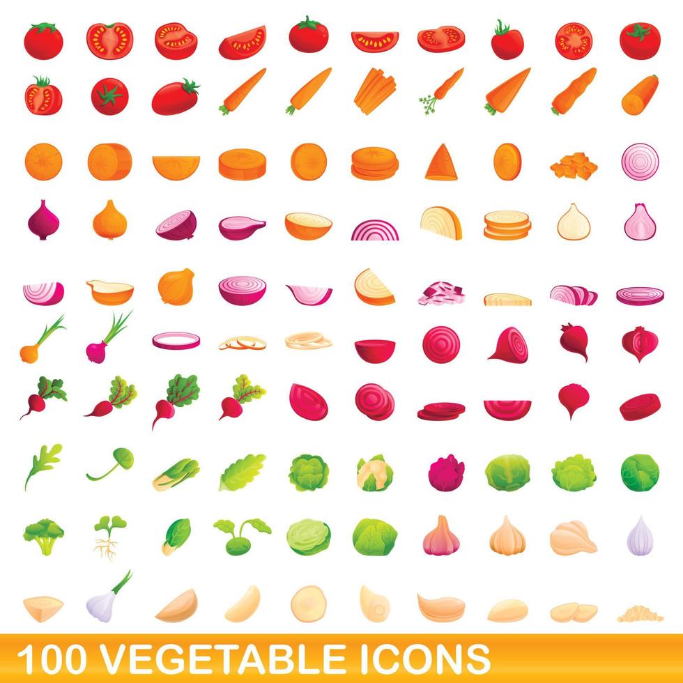 100 vegetales, conjunto de iconos de estilo de dibujos animados vector