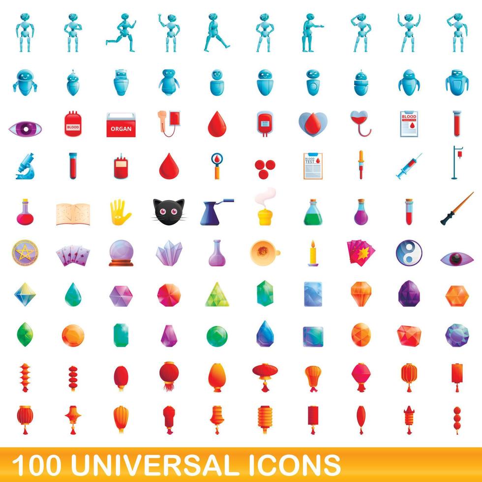 100 universal icons set, cartoon style vector