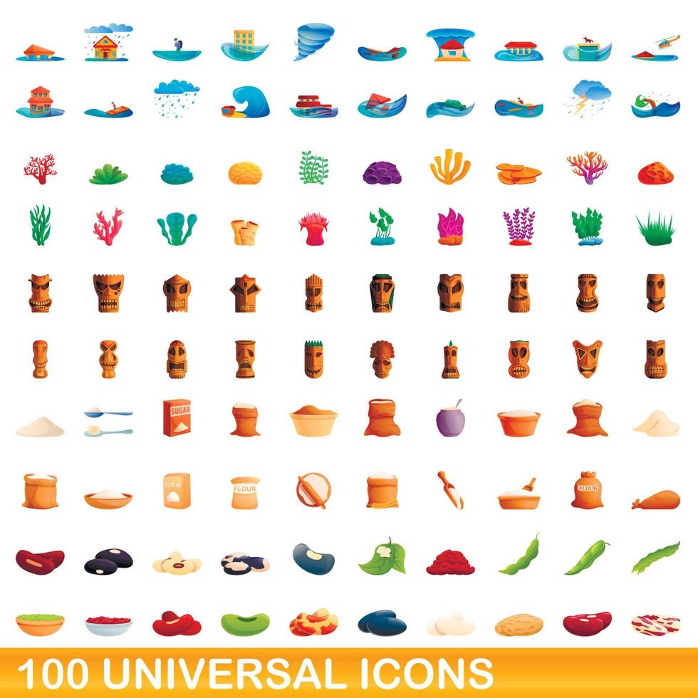 100 universal icons set, cartoon style vector