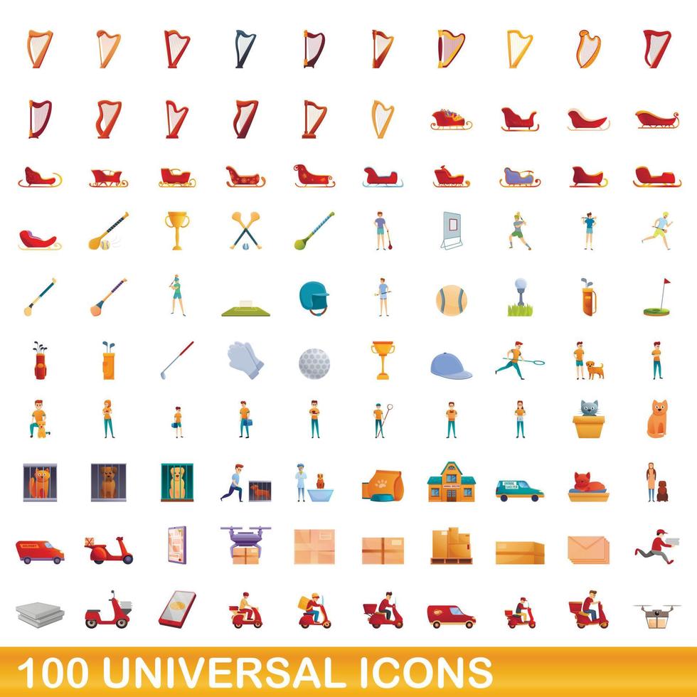 100 universal icons set, cartoon style vector