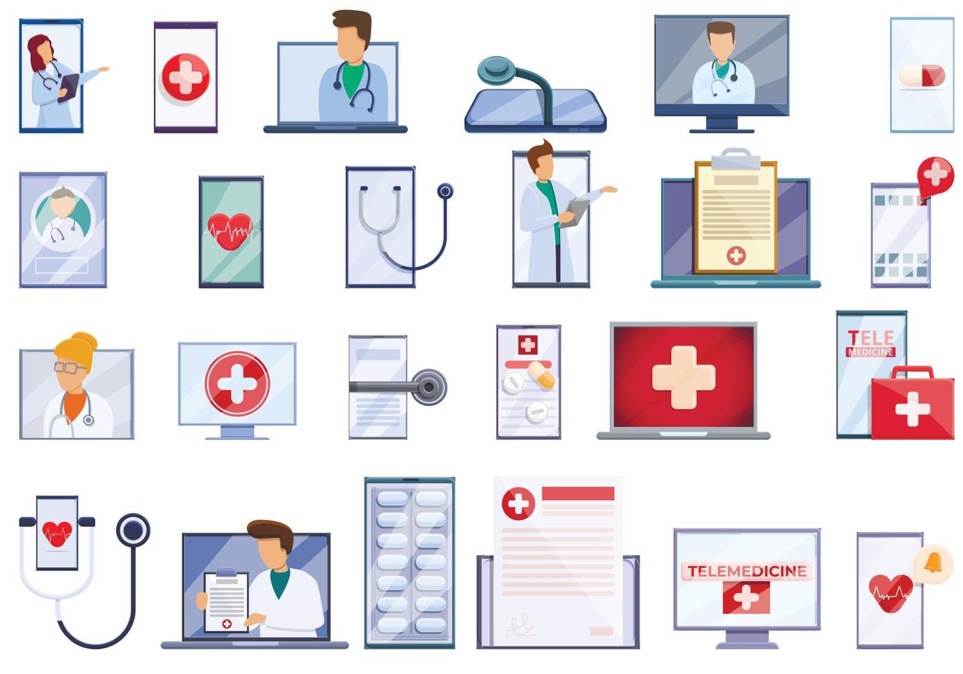 Telemedicine icons set, cartoon style vector