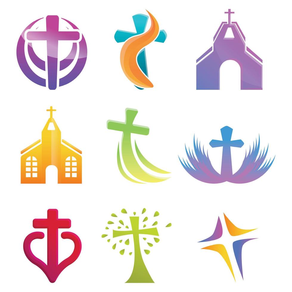 Church icons set, cartoon style vector
