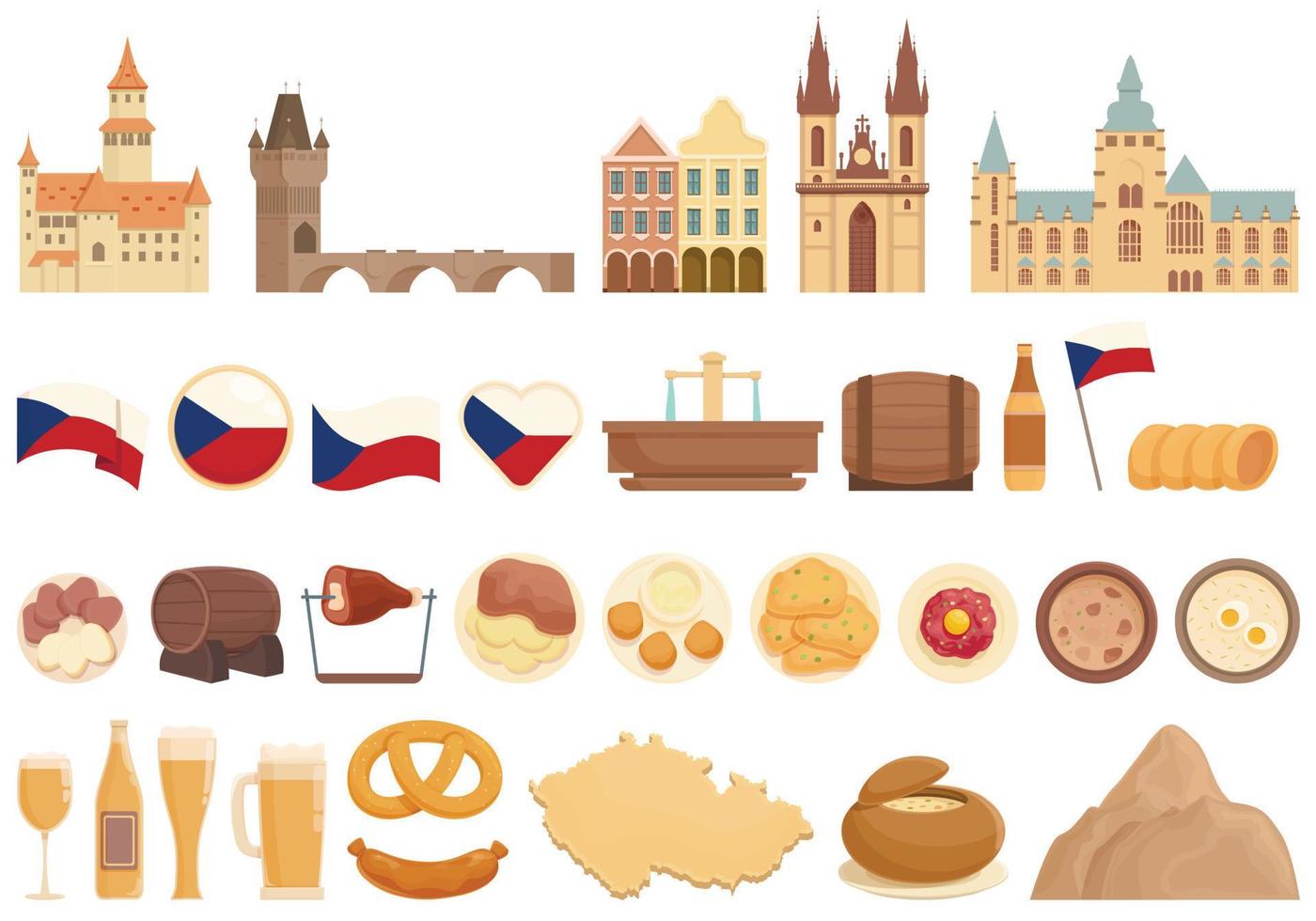 iconos de la república checa establecen vector de dibujos animados. horizonte de praga
