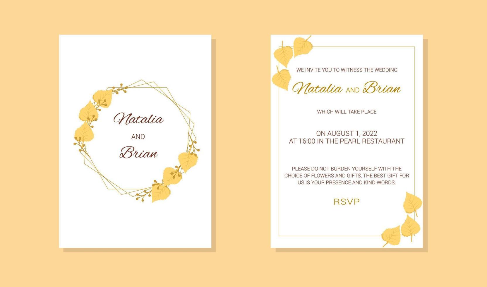 invitación de boda de otoño hojas amarillas y rama vector