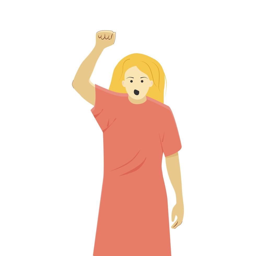una mujer protesta con la mano levantada vector