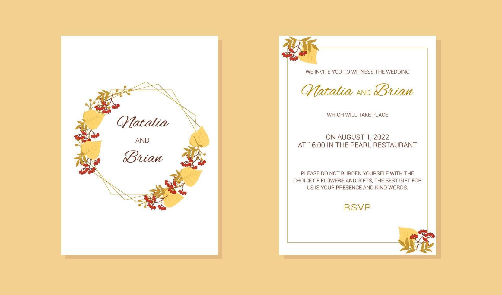 autumn wedding invitation with rowan branch leave vector