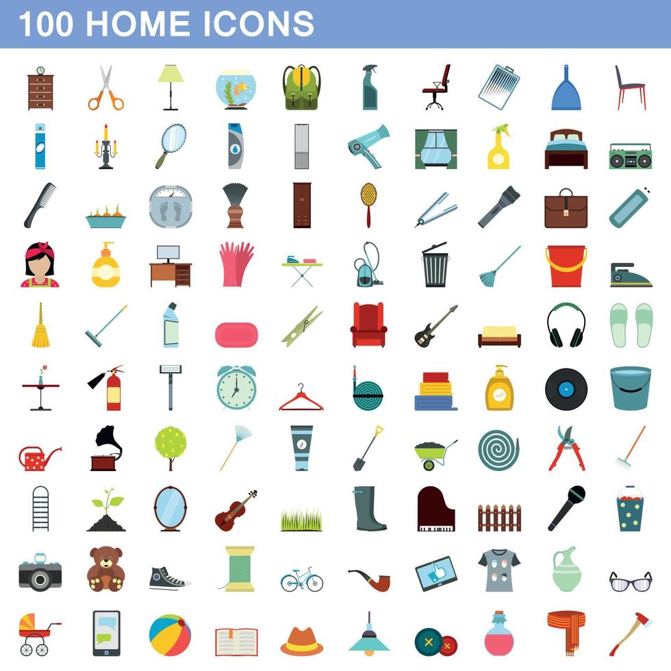 100 home icons set, flat style vector