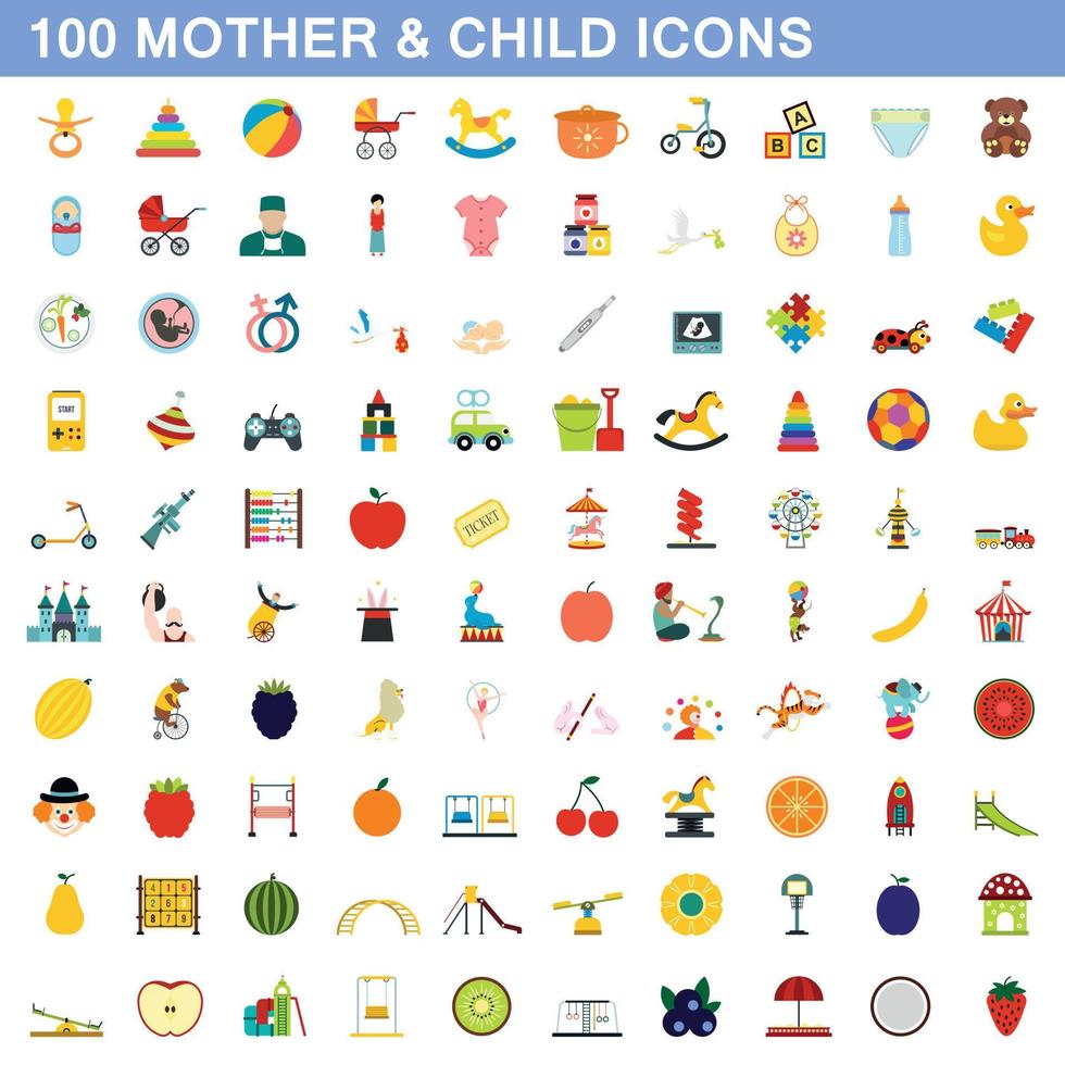 100 mother and child icons set, flat style vector