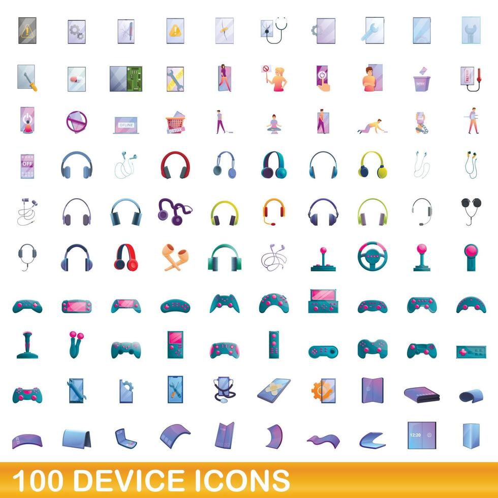 100 device icons set, cartoon style vector