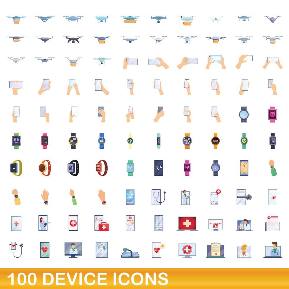 100 device icons set, cartoon style vector