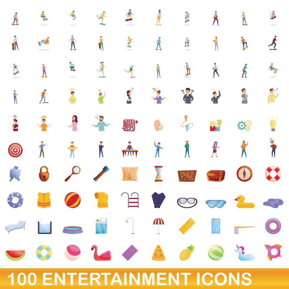 100 iconos de entretenimiento, estilo de dibujos animados vector