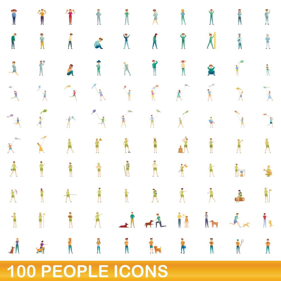 100 people icons set, cartoon style vector