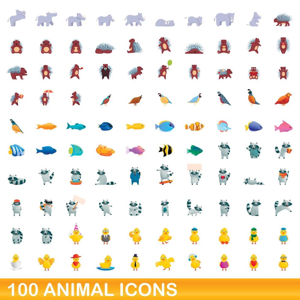 100 animal icons set, cartoon style vector