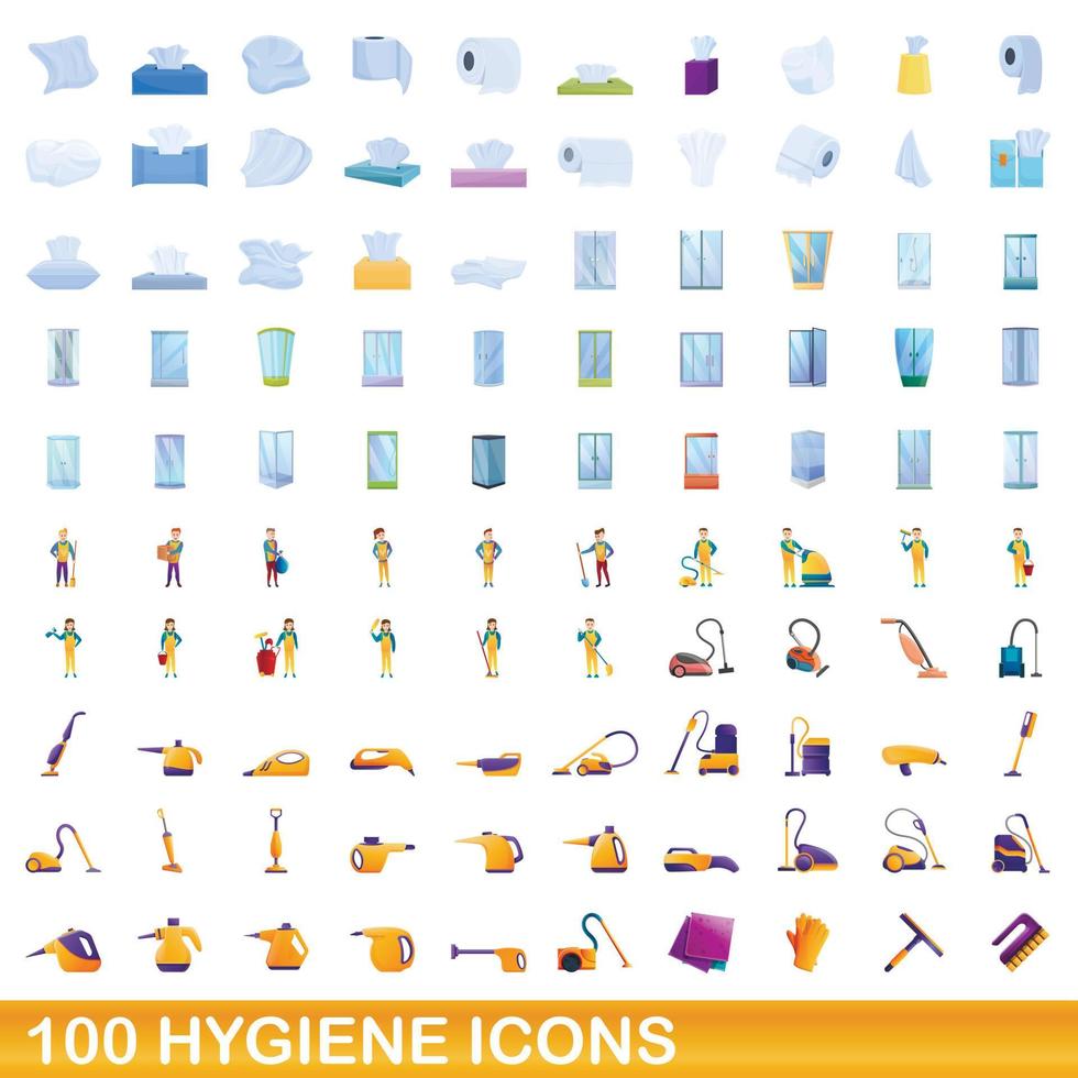 100 iconos de higiene, estilo de dibujos animados vector