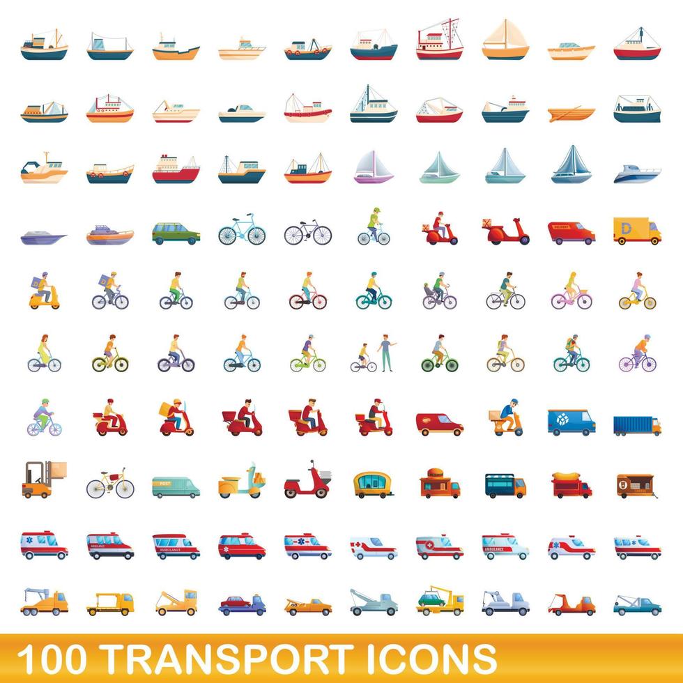 100 transport icons set, cartoon style vector