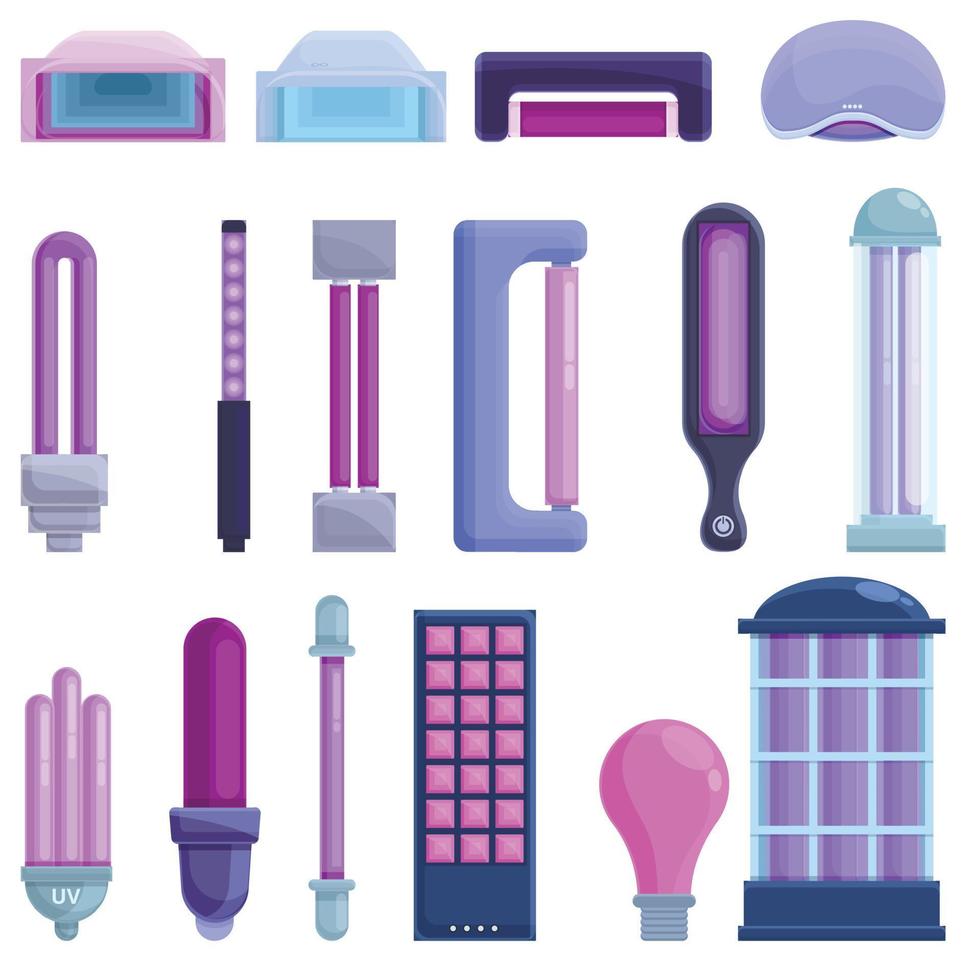 Conjunto de iconos de lámpara ultravioleta, estilo de dibujos animados vector