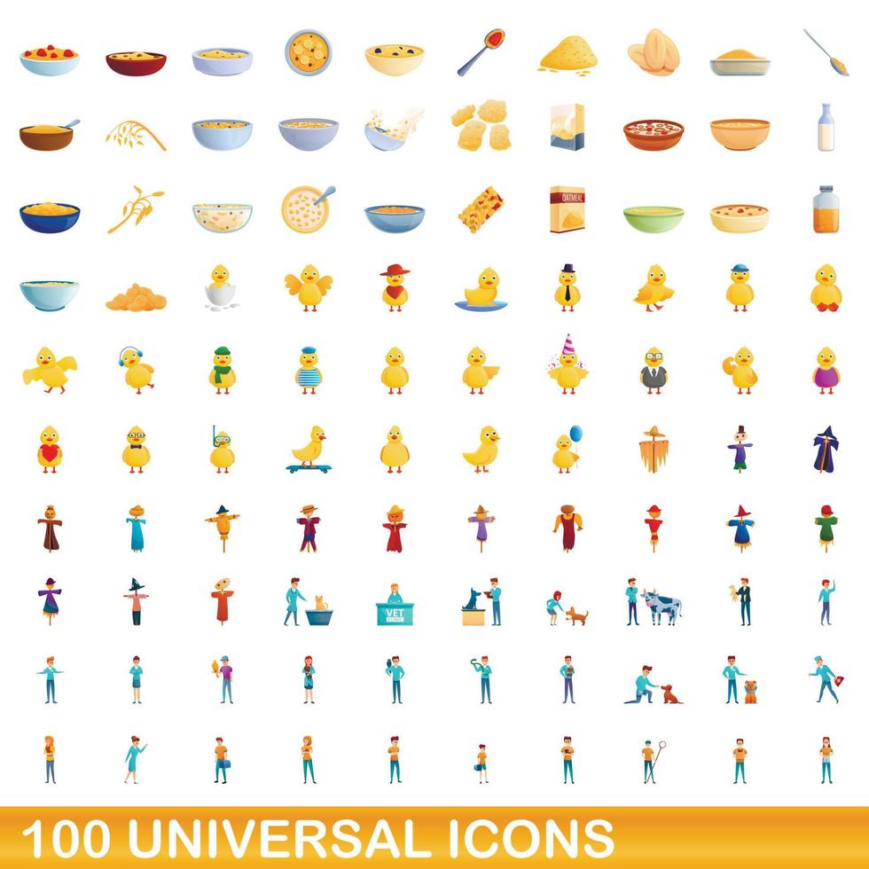 100 universal icons set, cartoon style vector