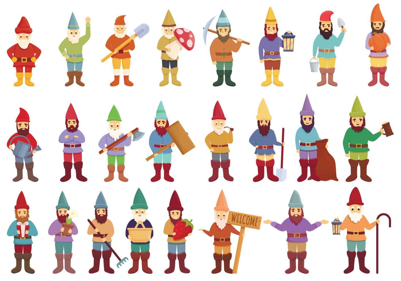 Garden gnome icons set, cartoon style vector